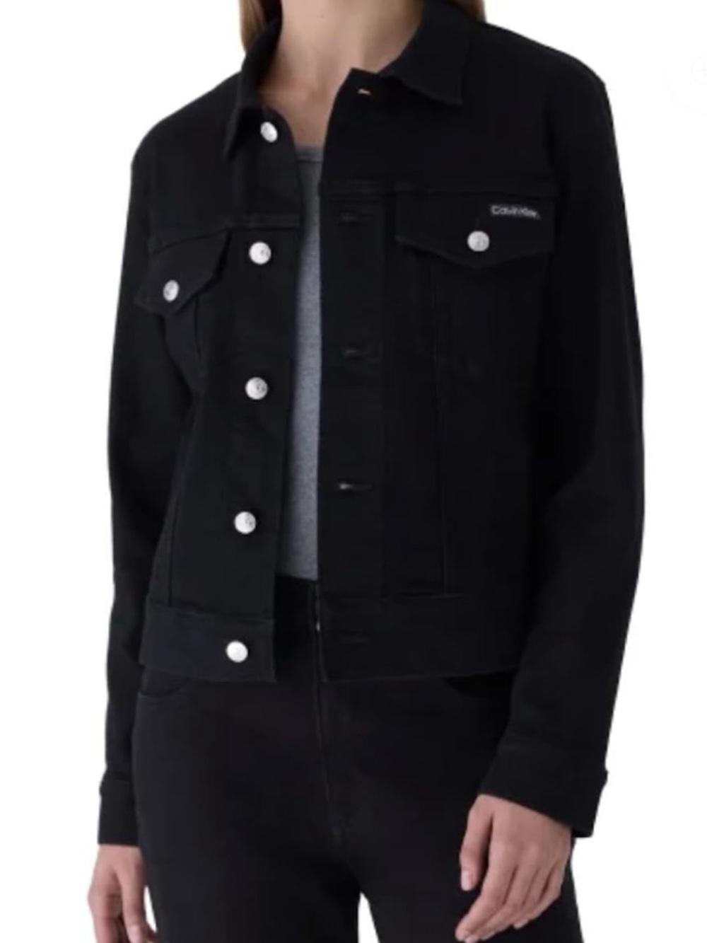 NWOT Calvin Klein Black Denim Trucker Jacket Stretch with Silver Buttons. XL